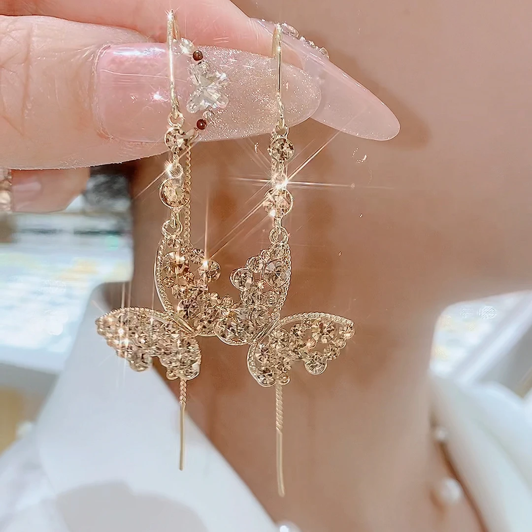 铜合金玻璃耳饰 852-精致S925银针蝴蝶时尚气质灵动高级耳环