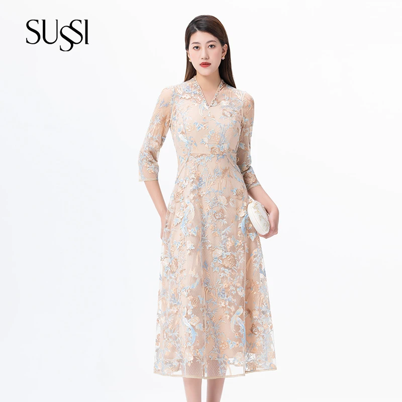 SUSSI/古色"富丽华贵“香槟金收腰气质复古连衣裙女