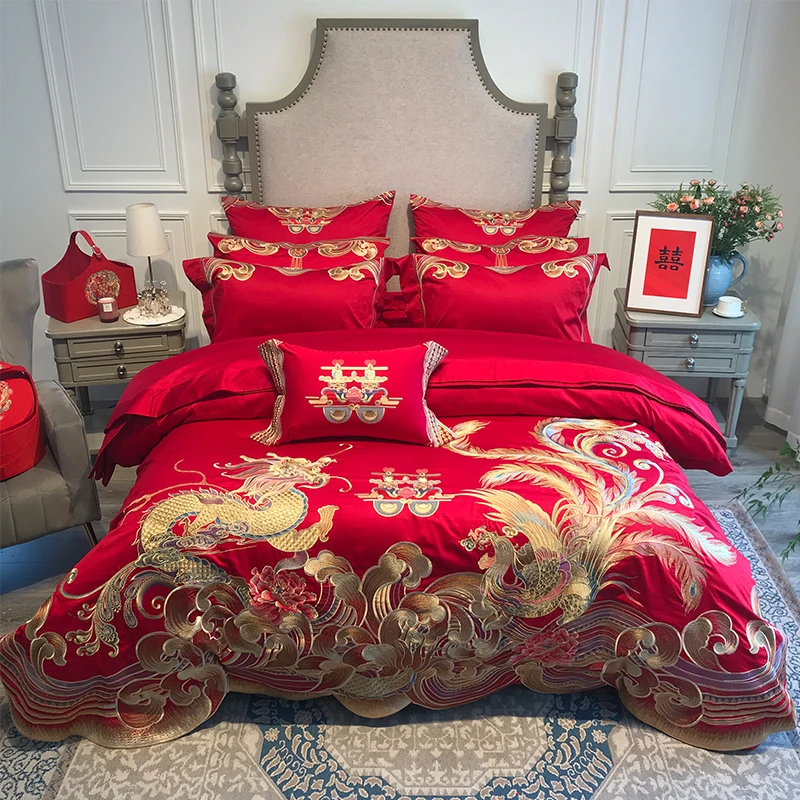 龙凤婚庆100支新疆长绒棉四件套全棉纯棉刺绣陪嫁床品十件套轻奢