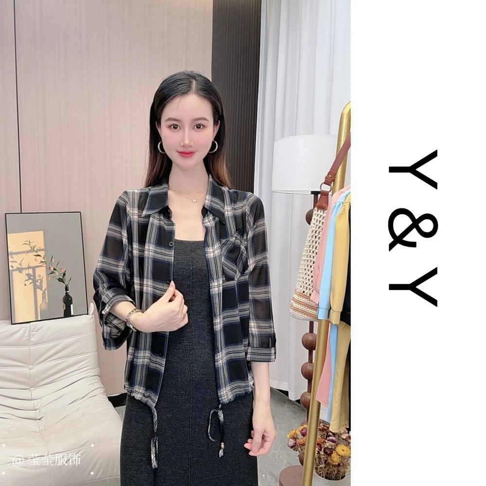 2025年夏季新款格子衬衫女休闲时尚遮肉显瘦百搭九分袖衬衣