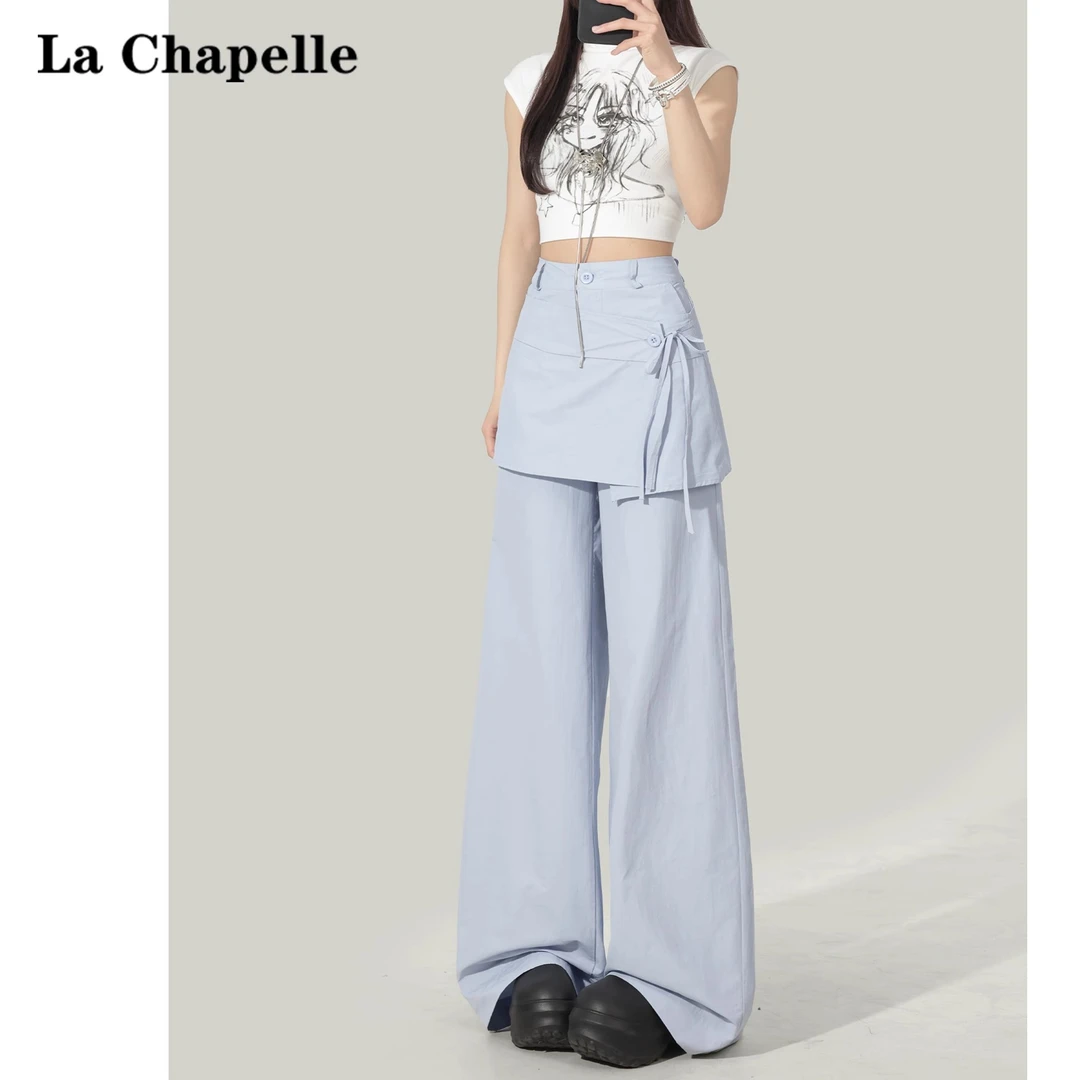 拉夏贝尔叠穿假两件休闲裤女2025新款夏季薄款设计感宽松阔腿裤子