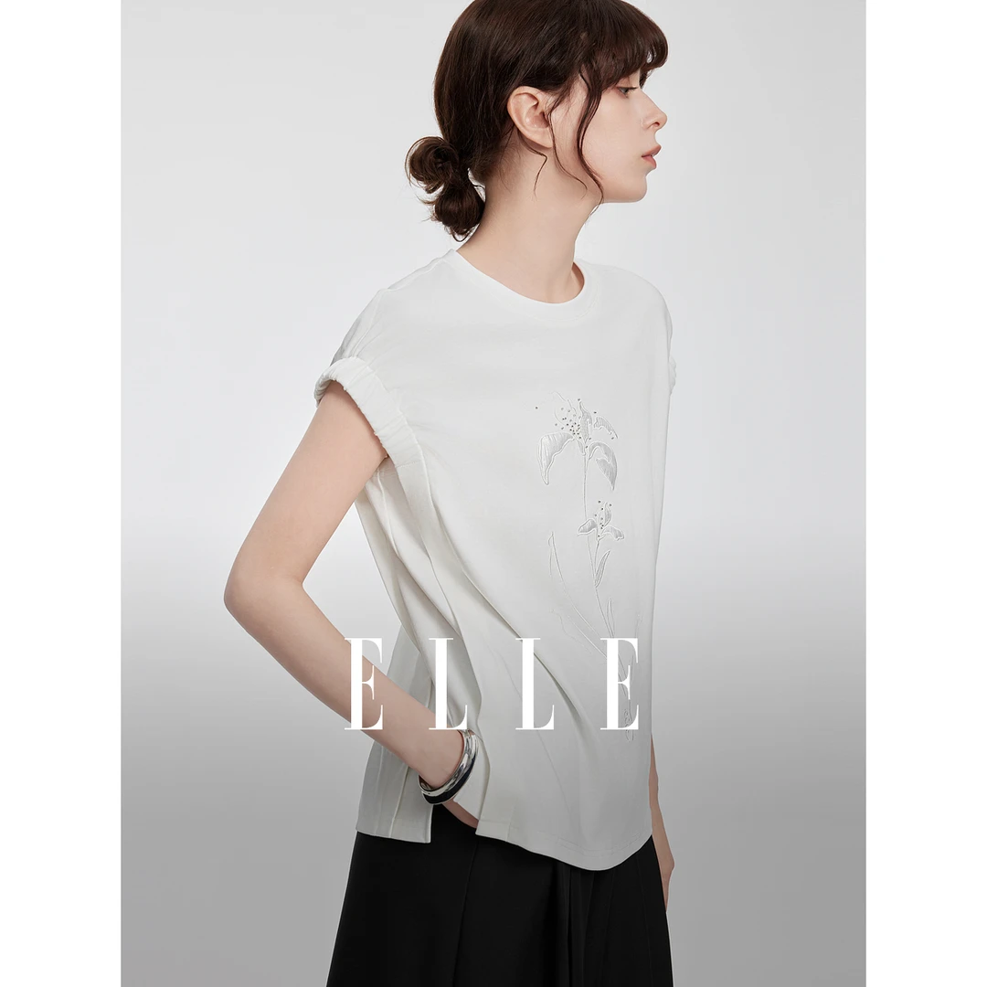 ELLE25春新款优雅无袖短袖女设计感通勤小众时尚T恤ET51139