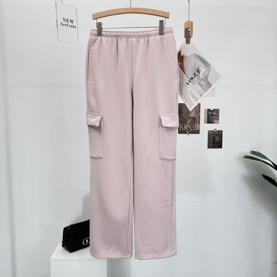 A168韩女大女工装多口袋阔腿裤加绒时尚纯色休闲宽松潮流运动简约