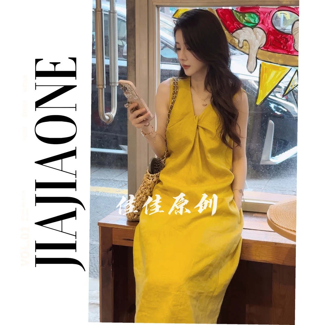 【少量现货】V领无袖甜美风高腰连衣裙时尚气质中式老钱风