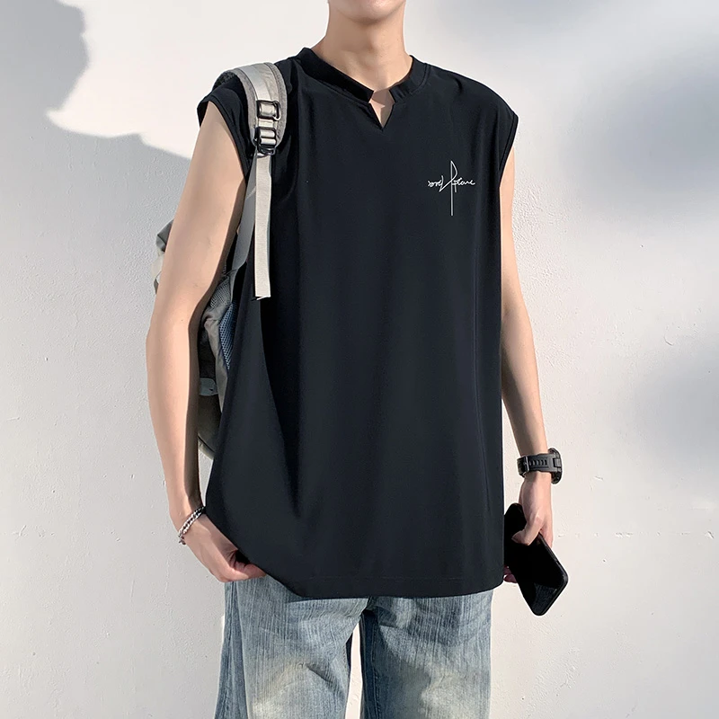 玛斯柏美式印花冰丝背心男士夏季薄款运动篮球痞帅潮流V领无袖T恤