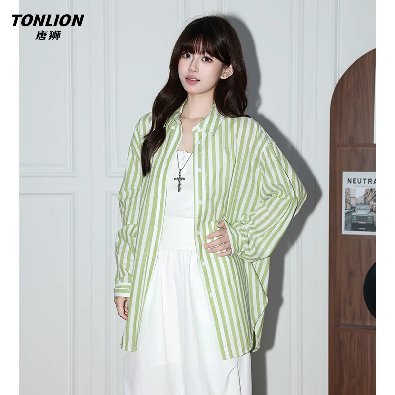 唐狮韩系清新浅绿条纹chic长袖外套女秋慵懒宽松休闲百搭衬衫上衣