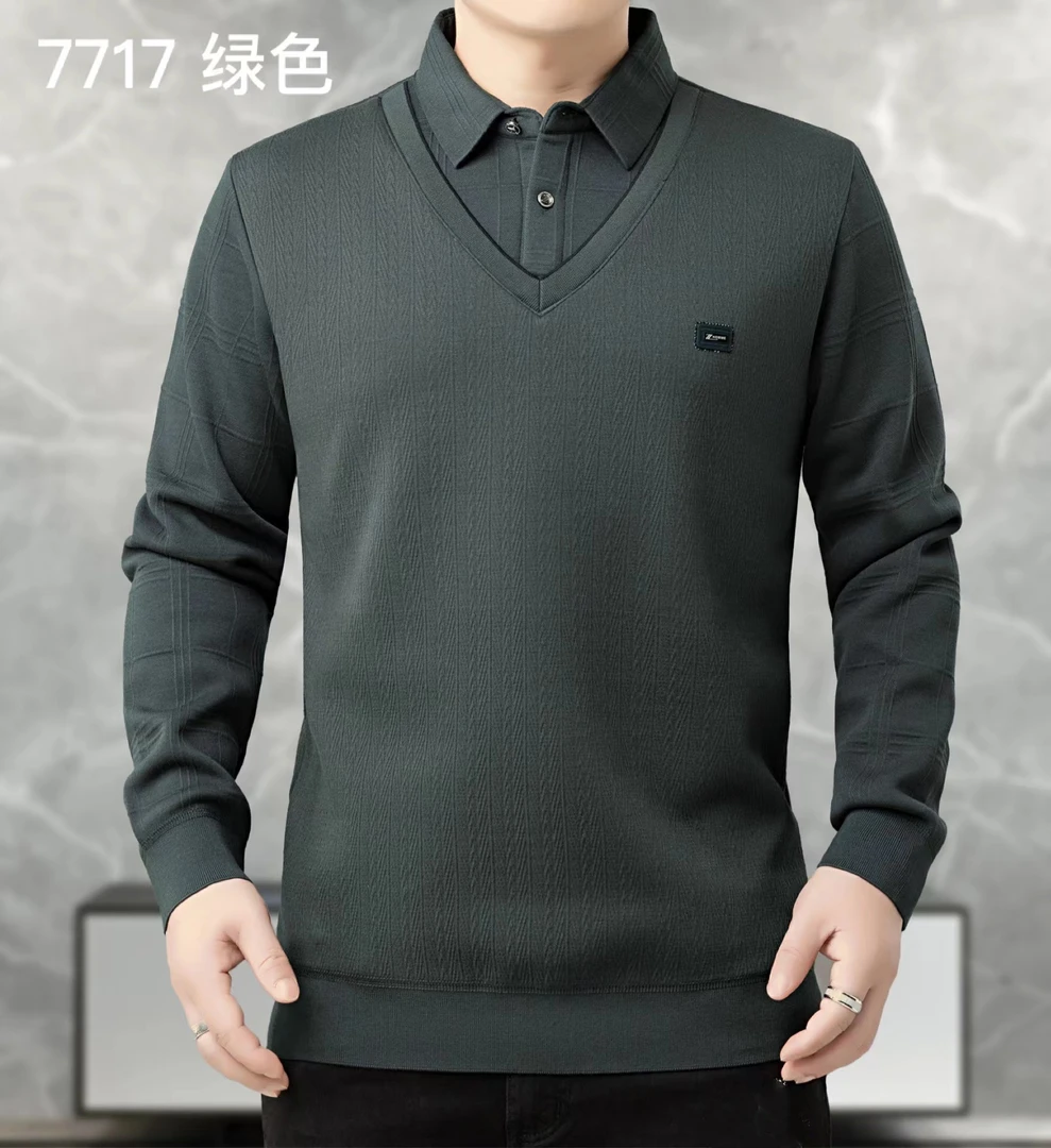 【XZ专属】7717假两件加绒男士上衣男士长袖长袖百搭商务休闲翻领