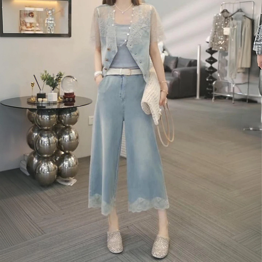 杜拉妮蕾丝拼接直筒牛仔裤女大码夏季薄款高腰宽松休闲九分阔腿裤