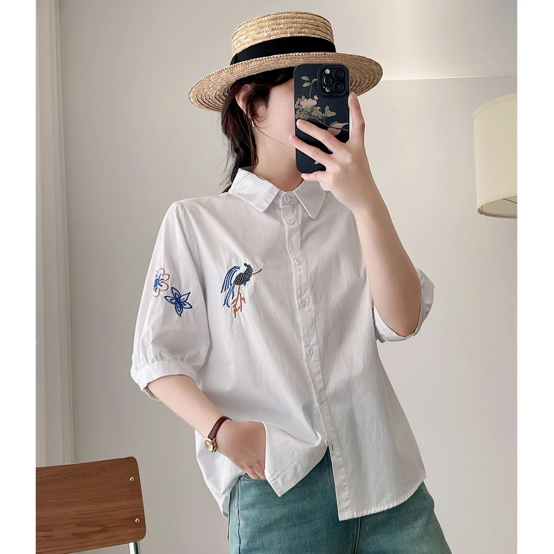 纯棉中袖新款三色喜鹊绣花气质衬衫上衣2025女款时尚百搭洋气衬衣