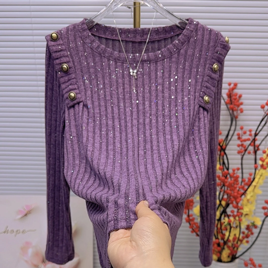 2025冬新款33395圆领长袖洋气女收腰显瘦百搭上衣大码显瘦女装