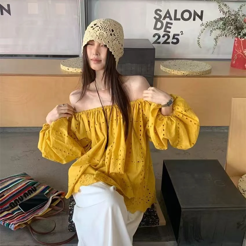 悠悠 新款法式小众浪漫春夏重工水溶雕花泡泡袖一字露肩上衣女