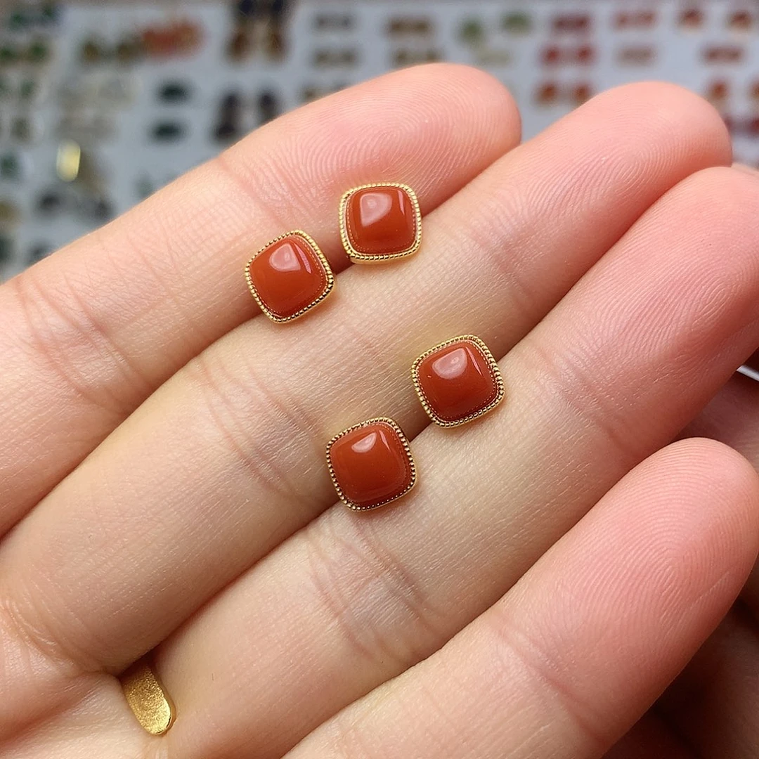 银S925镀金镶嵌南红玛瑙耳饰