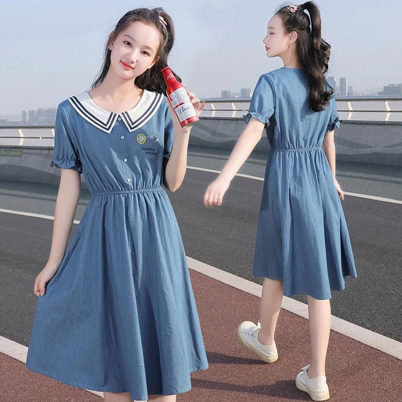 中长款绣花初中生裙子薄中学生牛仔连衣裙夏季娃娃领新品收腰