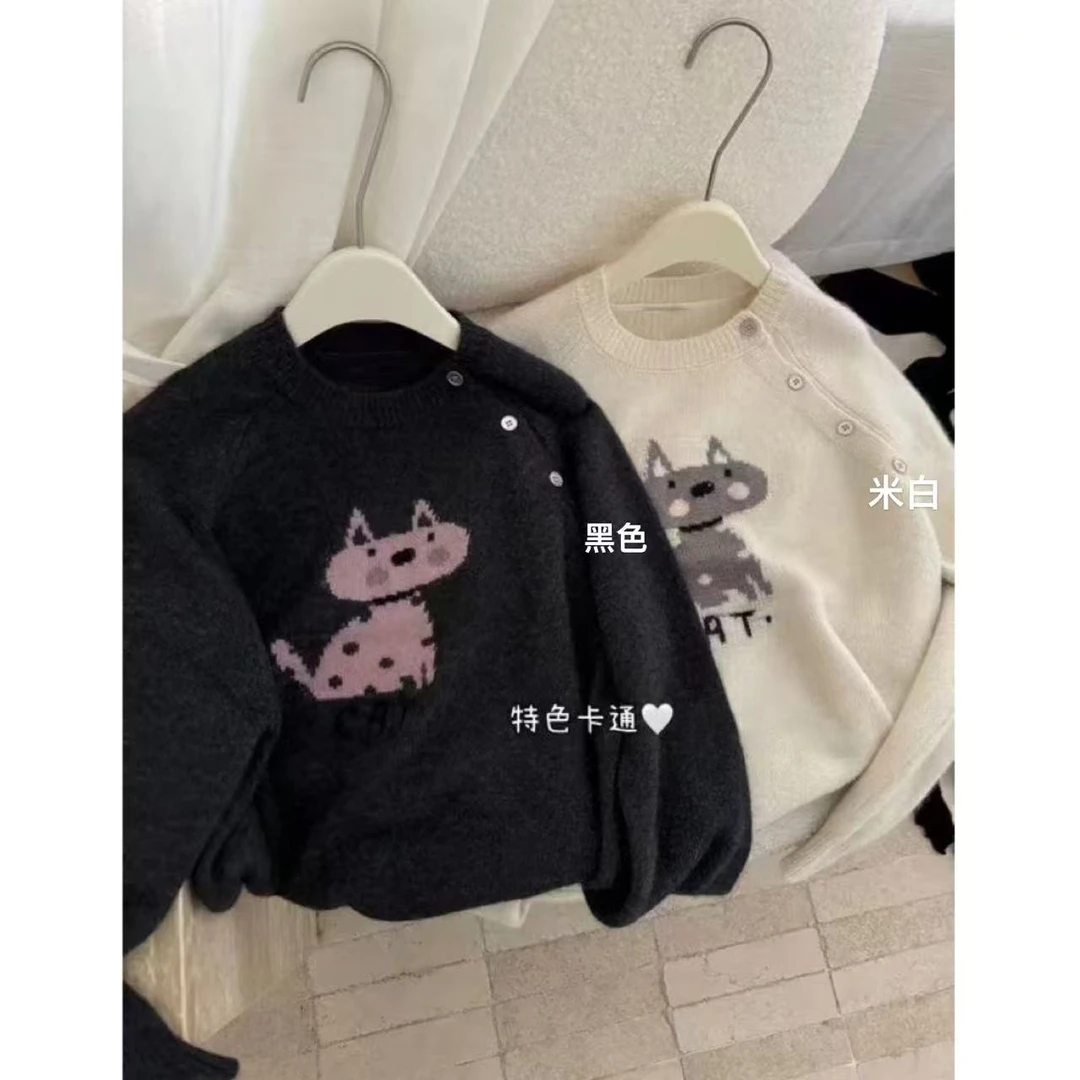 【卡通小猫】韩系纽扣设计感圆领毛衣20488