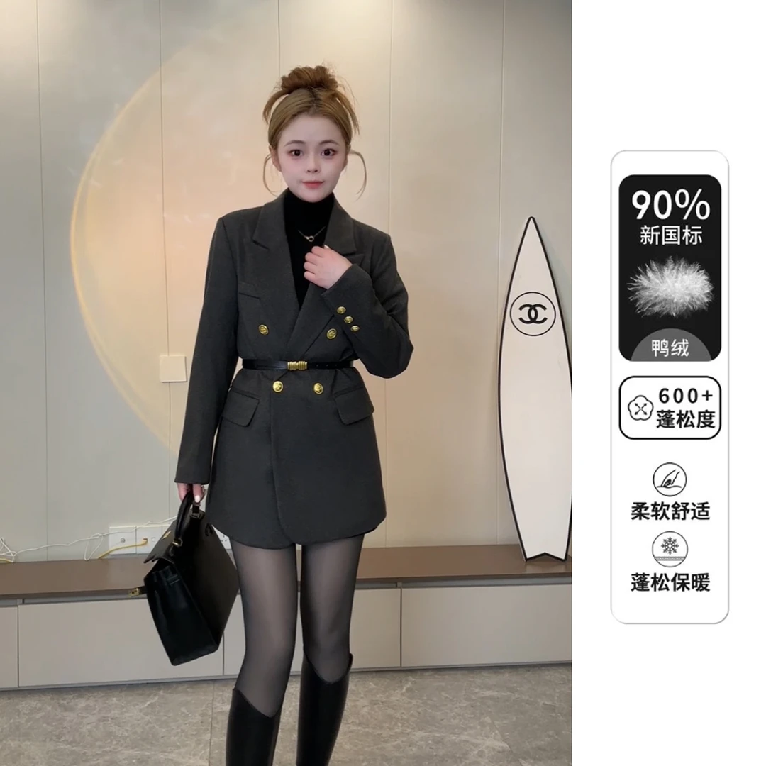 冬季羽绒服90%白鸭绒西装外套女双排扣显瘦气质西服上衣【送腰带】