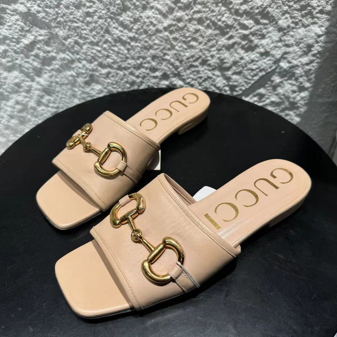 99新 GUCCI/古驰 37码/仔仔女鞋/奶茶色女士经典时尚平底拖鞋1897