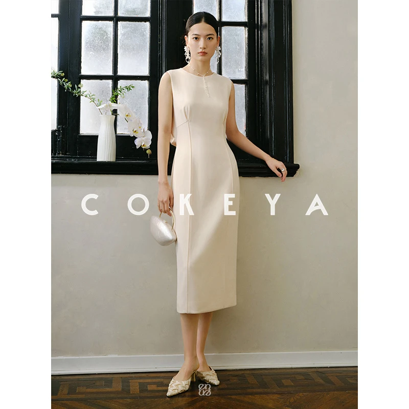 COKEYA/神重磅礼服小黑裙美国醋酸露背一字领长款裙ENB1XH404