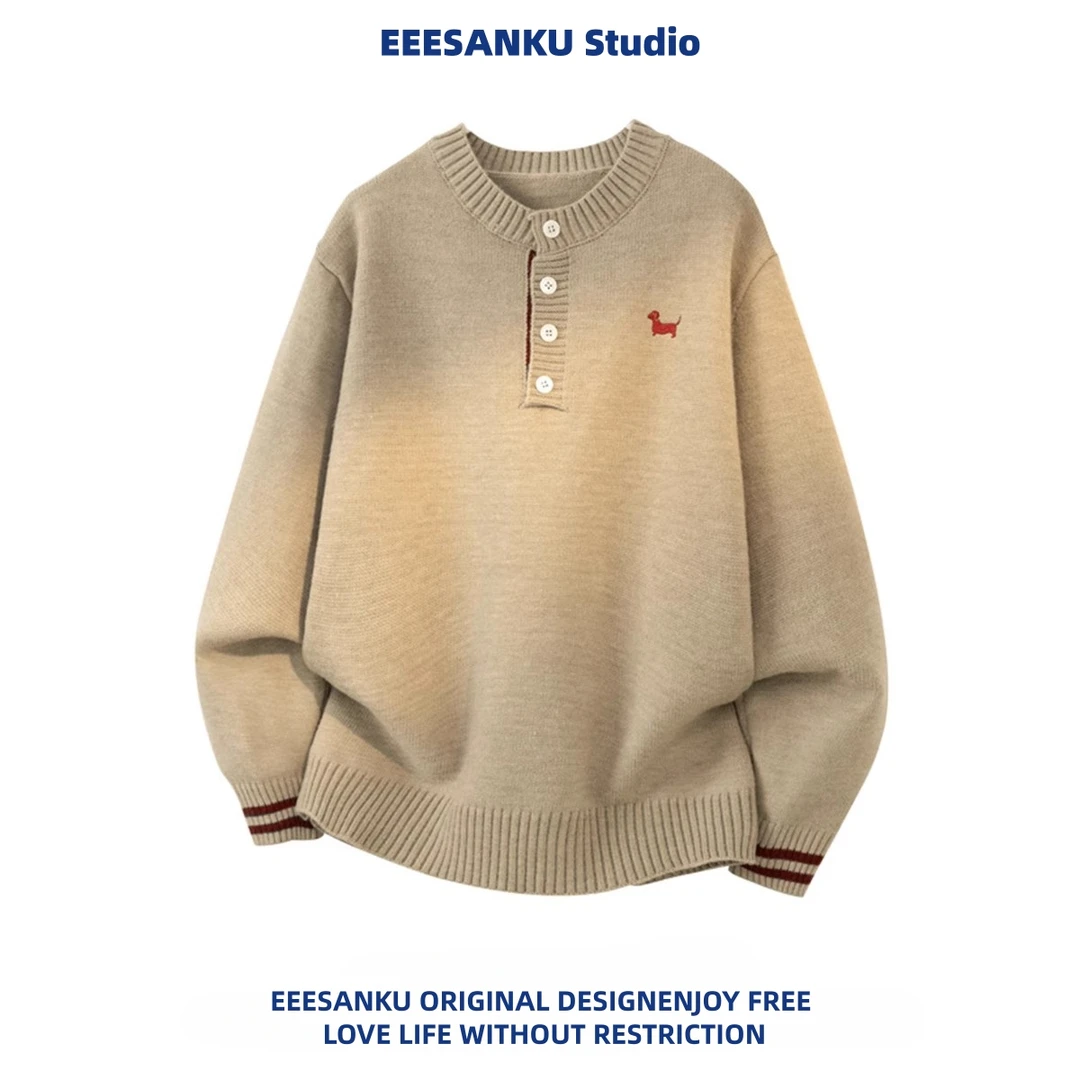 设计感亨利领毛衣男秋冬季保暖高级感潮流宽松百搭套头男士针织衫