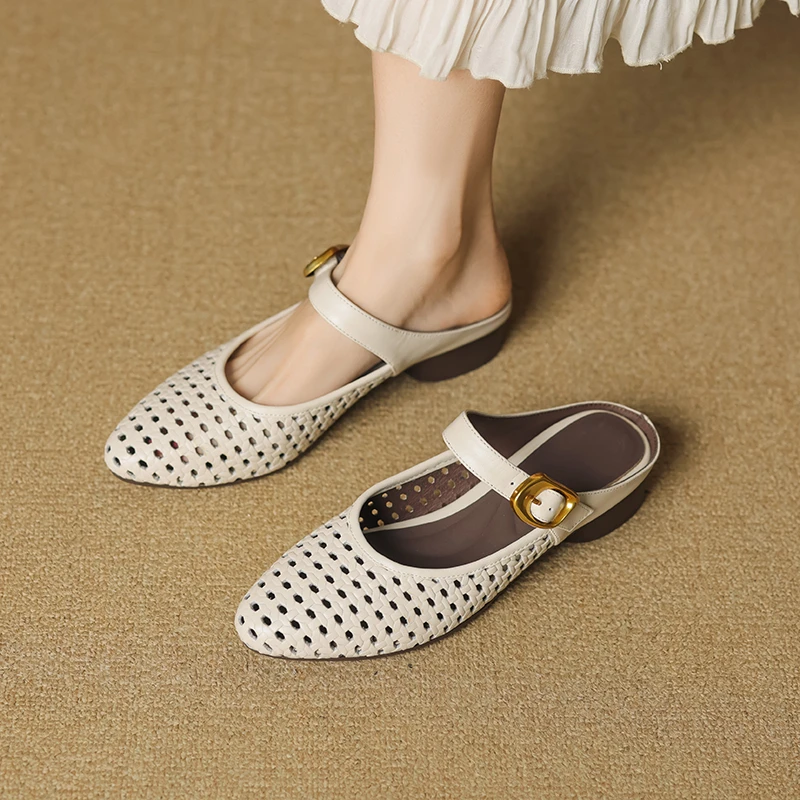 软牛皮断码清仓镂空浅口包头半拖鞋女外穿2025夏季一字带粗跟穆勒