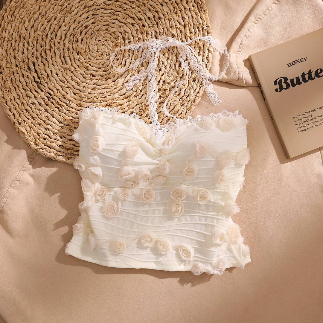 小香风立体花朵抹胸吊带背心女高级感带胸垫修身内搭美背挂脖上衣