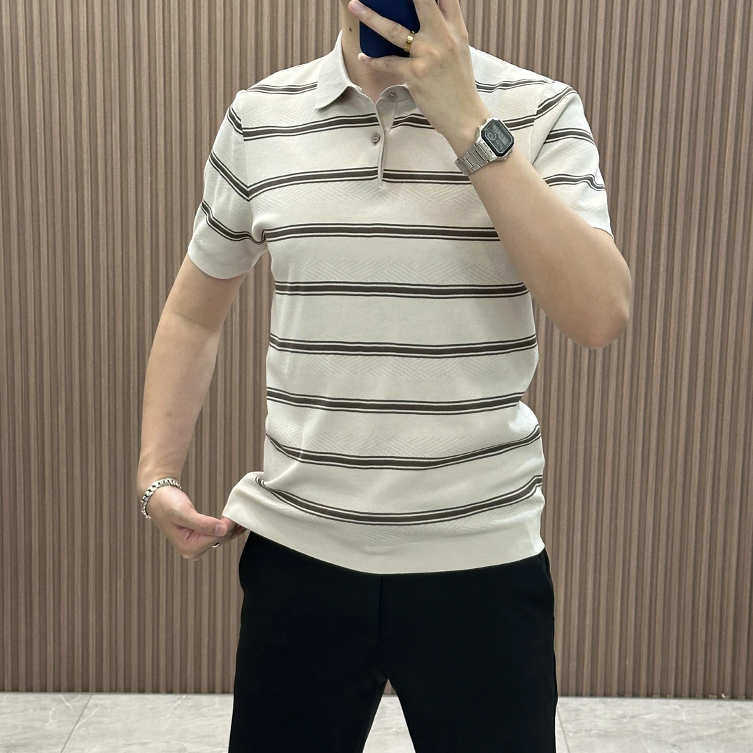 百搭男士条纹polo衫夏季2025新款薄款短袖恤男夏纯棉翻领上衣M553