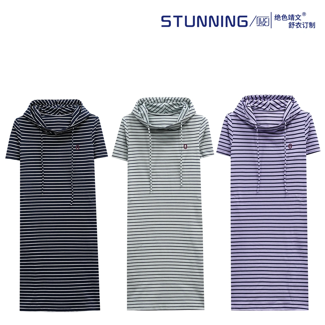 绝色靖文25352棉质短袖条纹中长款休闲连帽连衣裙（福利不退换）