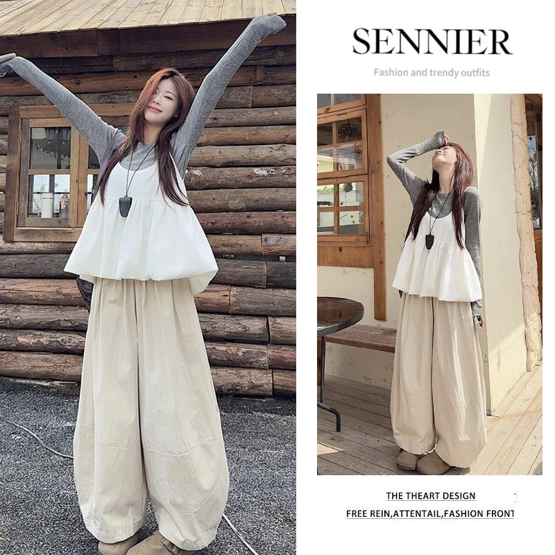 夏季穿搭2025新款简约百搭套头长袖T恤可叠穿吊带阔腿裤三件套装