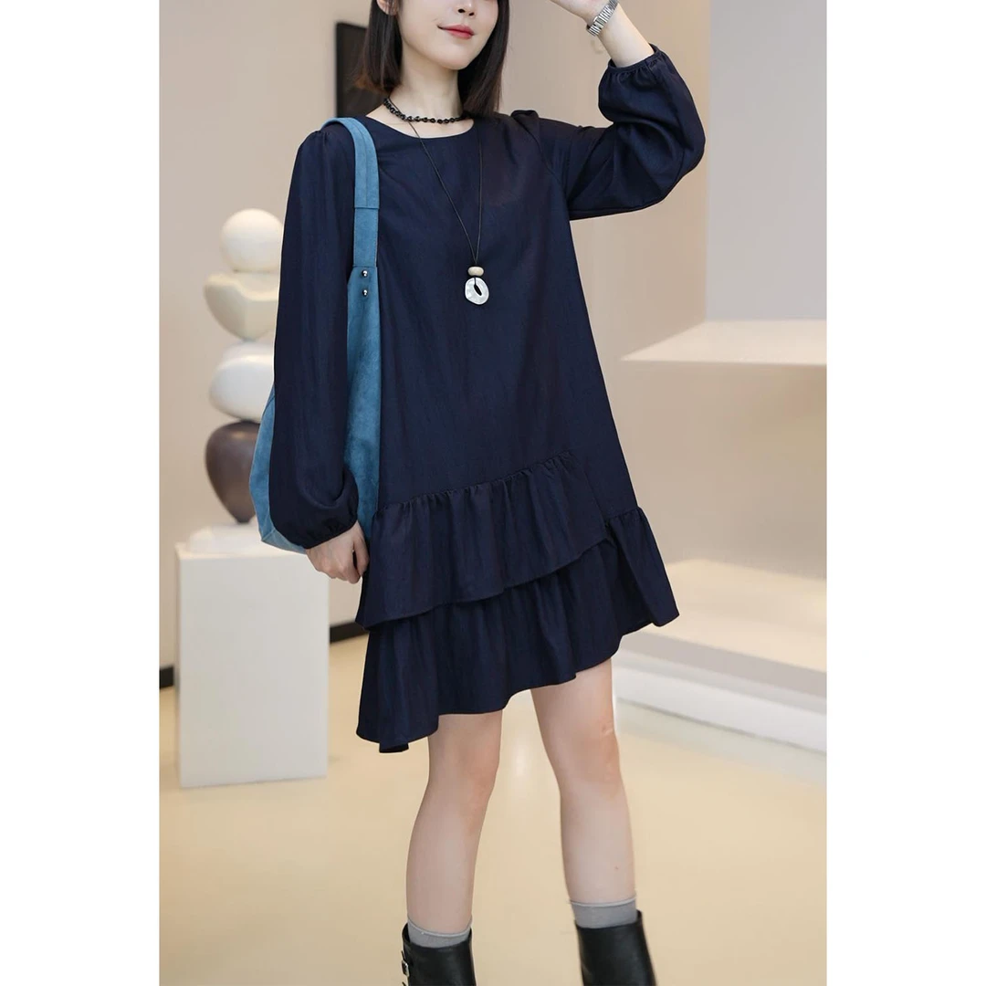 时尚法式设计感长袖连衣裙女2025秋季宽松遮肚显瘦中长款休闲裙子