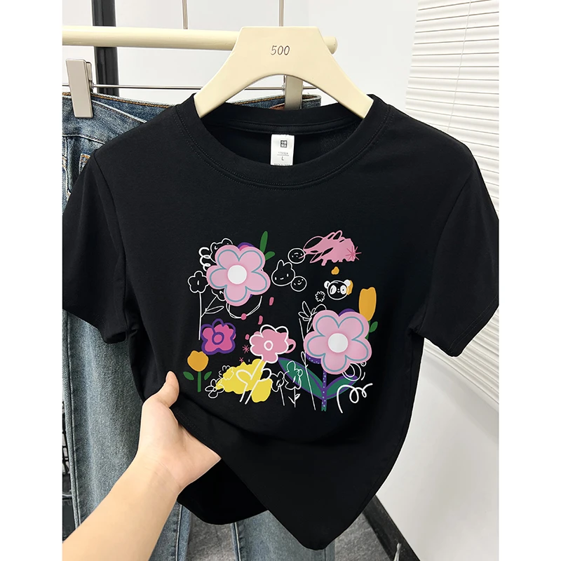 正肩短袖t恤女夏季韩版时尚设计感小众花朵减龄印花圆领显瘦上衣