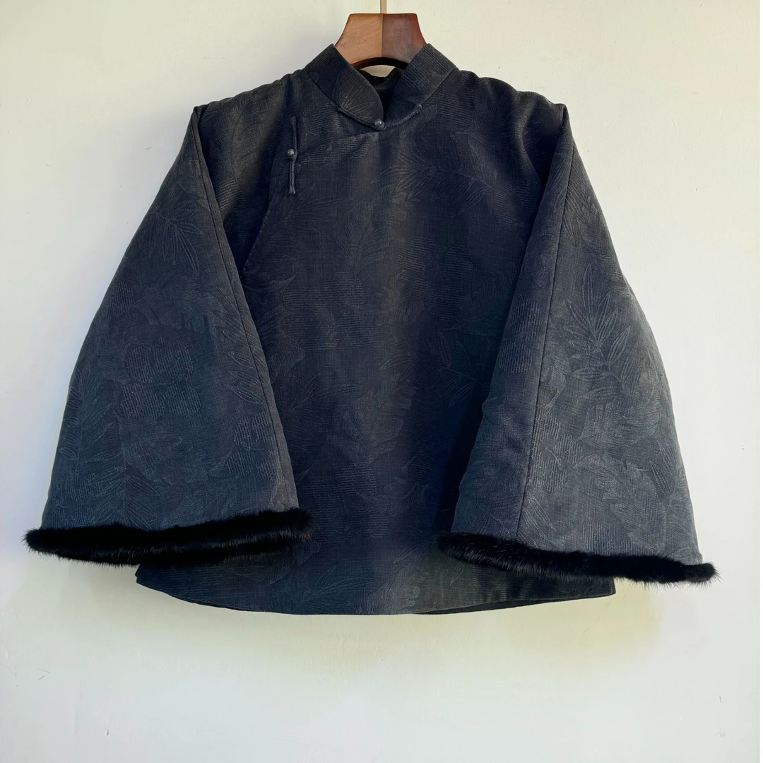 【石喃】原创设计新中式秋冬桑蚕丝斜襟大袖水貂毛棉衣【烟雨江南】