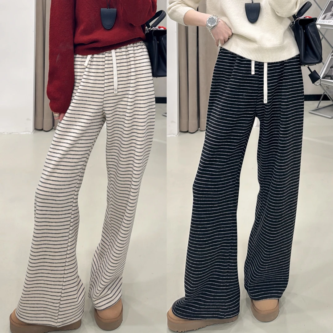 【ZMMY严选私服】冬款韩版松紧腰抽绳条纹加绒休闲阔腿裤5010502