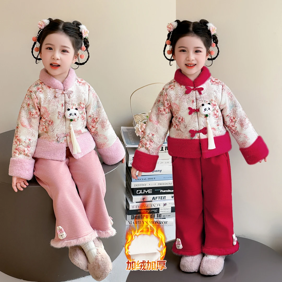 冬季厚款单排扣女中国风秋冬套装童装汉服女孩加绒加厚拜年服