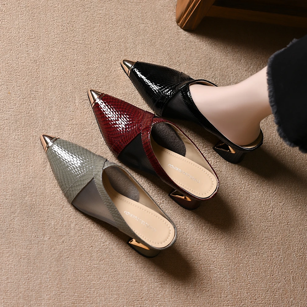 头层牛皮真皮包头半拖鞋女2025新款夏季外穿尖头漆皮高跟凉拖单鞋