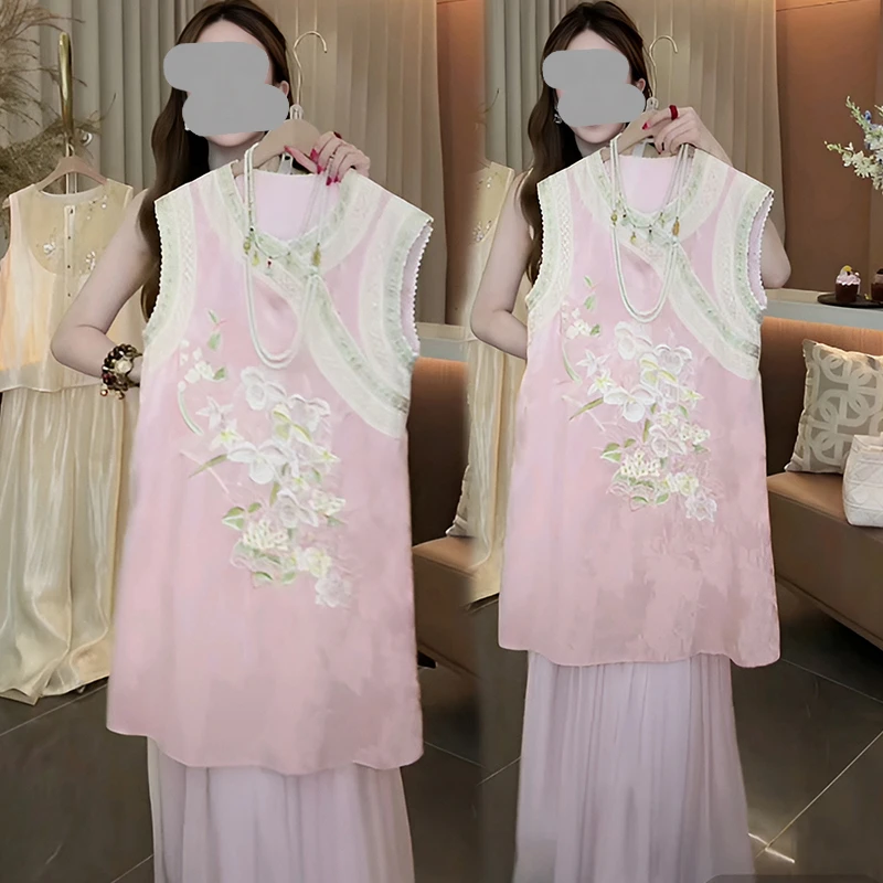 新中式国风高级感超好看蕾丝拼接连衣裙女2025夏季新款无袖裙子潮