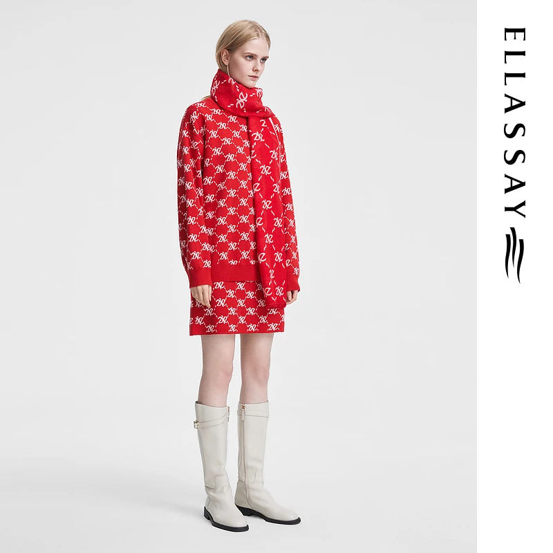 ELLASSAY歌力思圣诞穿搭A字双e老花针织半身裙女EWV351M0