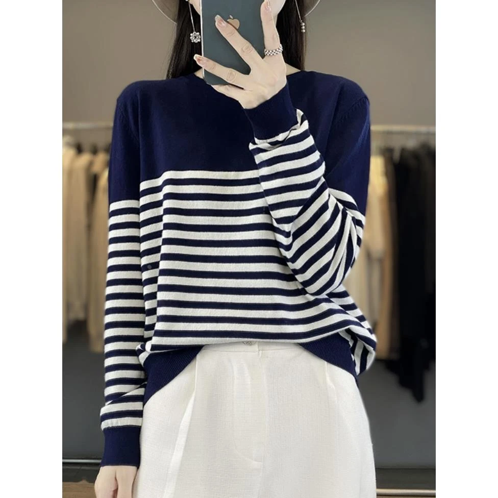 气质百搭圆领条纹针织衫女2025秋冬新款宽松显瘦长袖打底毛衣上衣