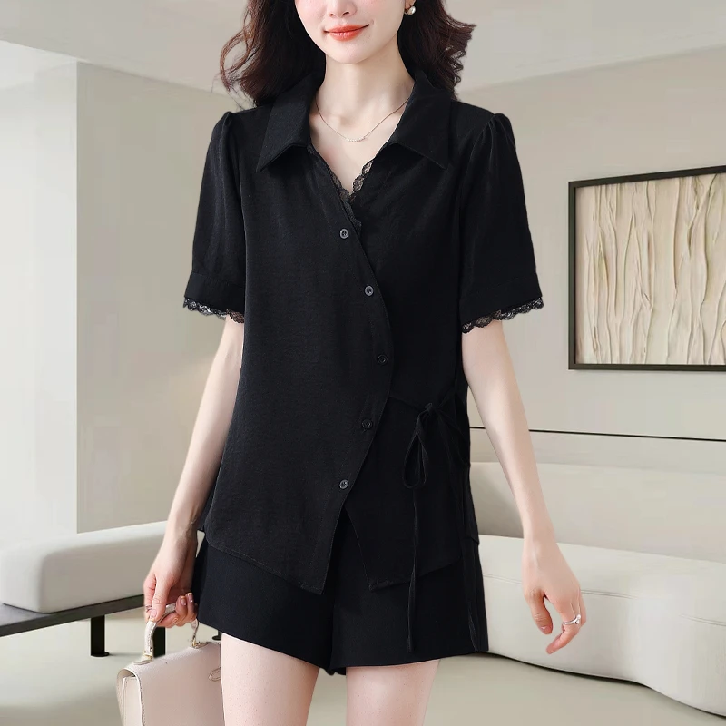 黑色雪纺衬衫女装短袖夏新款拼接蕾丝上衣设计感不规则衬衣大码