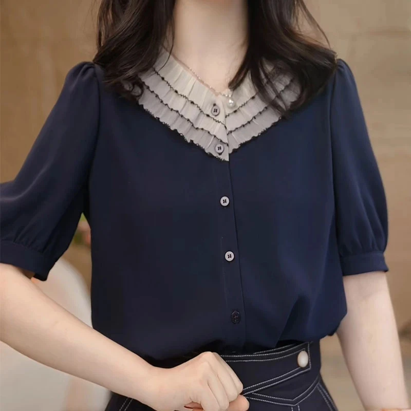 韩系简约气质高级感短袖衬衫女2025夏季宽松减龄时尚百搭衬衣上衣