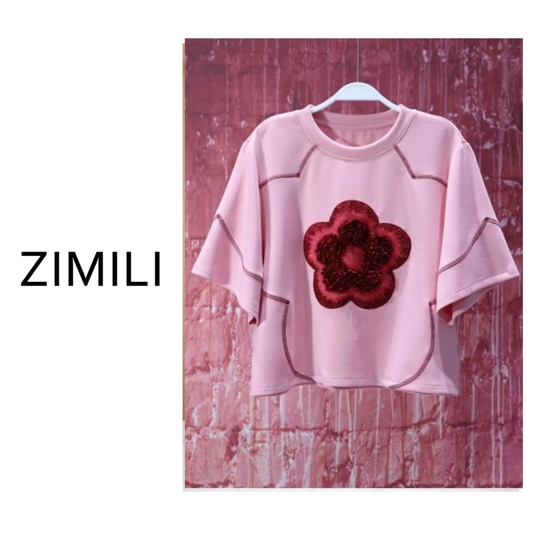 【程二女装】2025欧货设计师轻薄透气粉色花朵欧版休闲T恤8292
