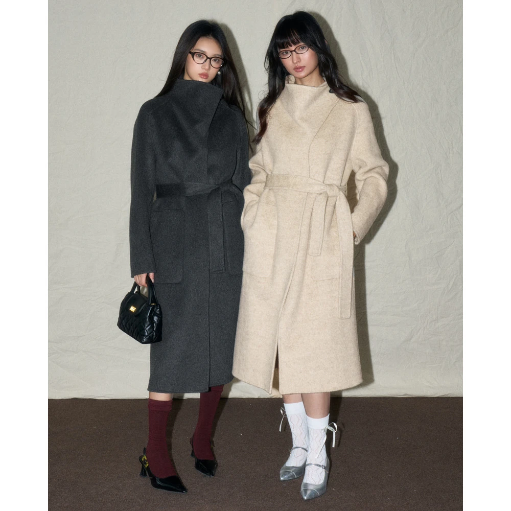 秋冬韩系复古老钱风羊毛双面呢大衣新款轻奢长款贵气毛呢大衣外套