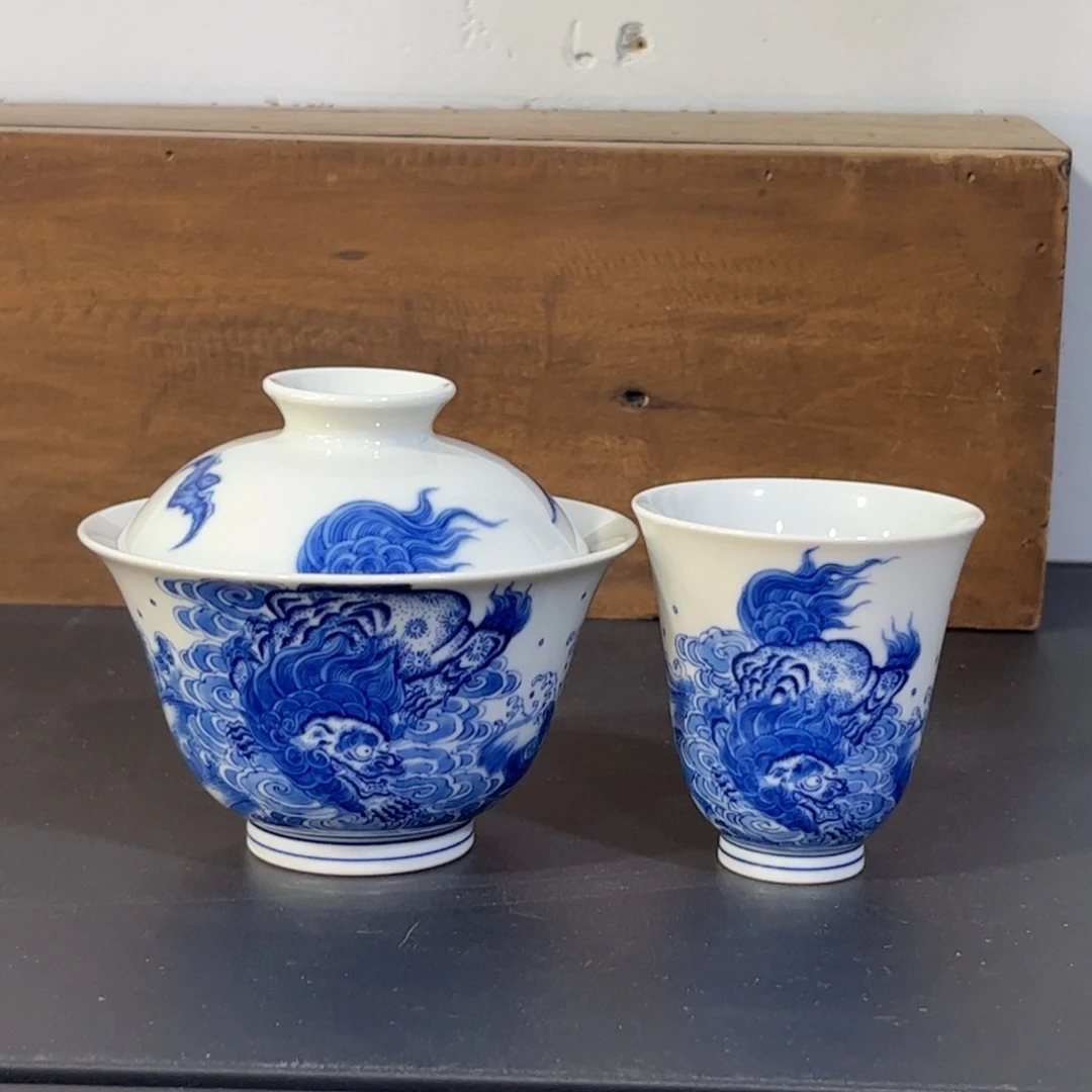 仿清青花狮子踏浪两件套 可拆分