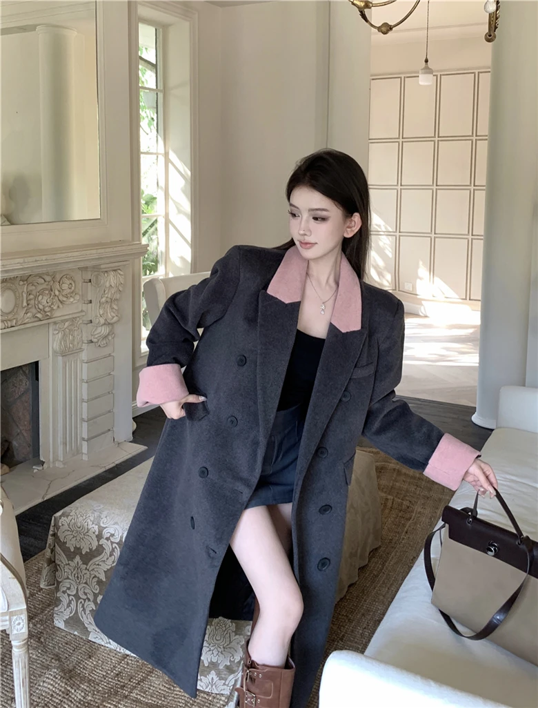 法式秋冬复古撞色呢子大衣双排扣长款灰色西装毛呢肩垫外套加棉女