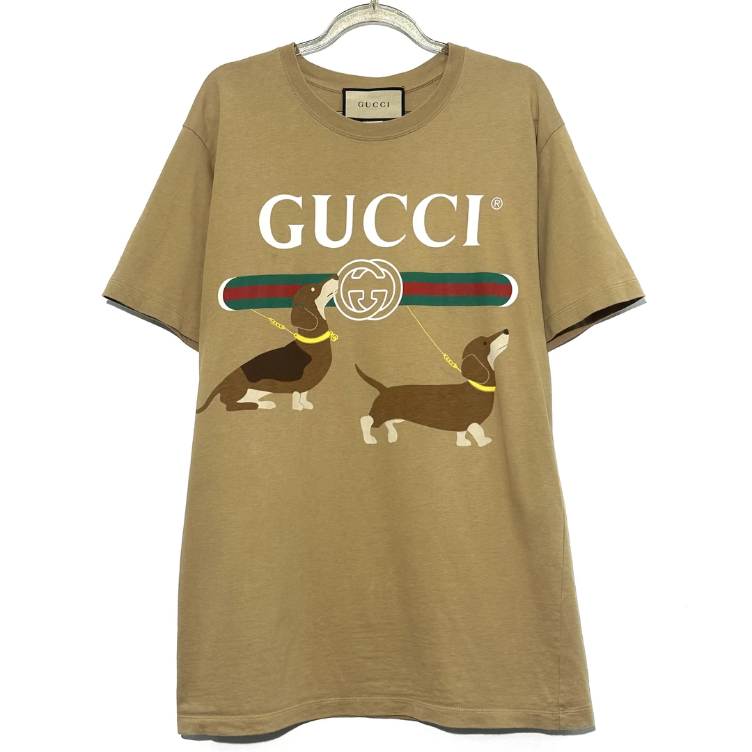 99新 GUCCI/古驰 S码 logo条纹动物印花棕色短袖W113