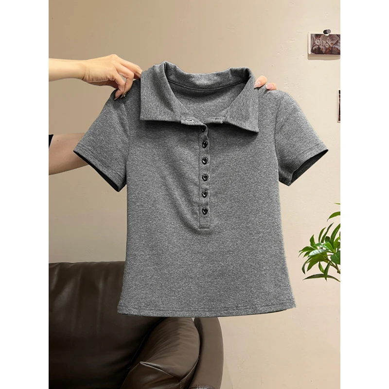 灰色韩系学院风POLO翻领纽扣正肩短袖T恤女2025夏季辣妹修身上衣