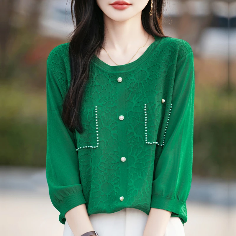 春装2025新款大码圆领针织上衣女士秋季宽松显瘦洋气七分袖打底衫