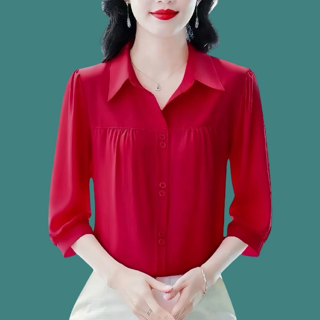七分袖衬衫女士夏季雪纺衫遮肚衬衣时尚纯色夏装