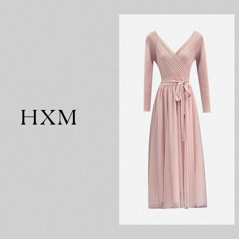 温柔显白高腰显瘦V领连衣裙2025春季新款网纱拼针织仙女长裙