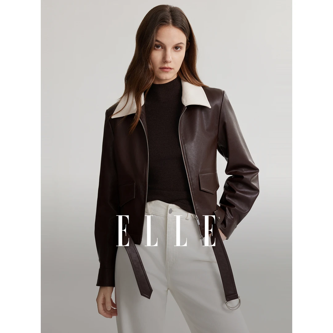 ELLE法式气质翻领上衣女外套2024秋季新款风感波粒百搭EF49040