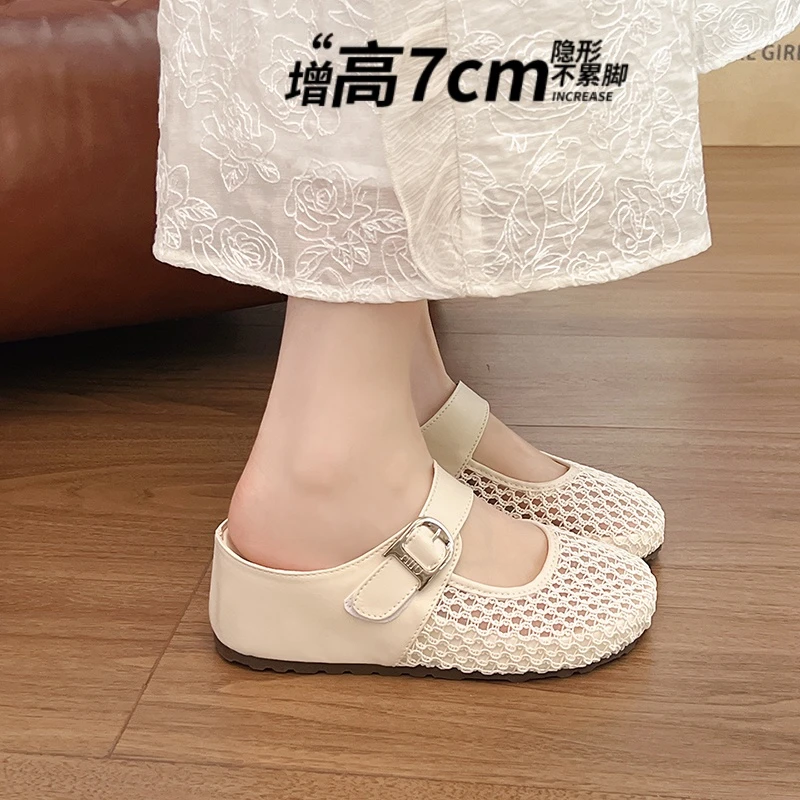 真皮7cm小个子厚底镂空勃肯拖鞋内增高女鞋包头软底半拖凉鞋浅口