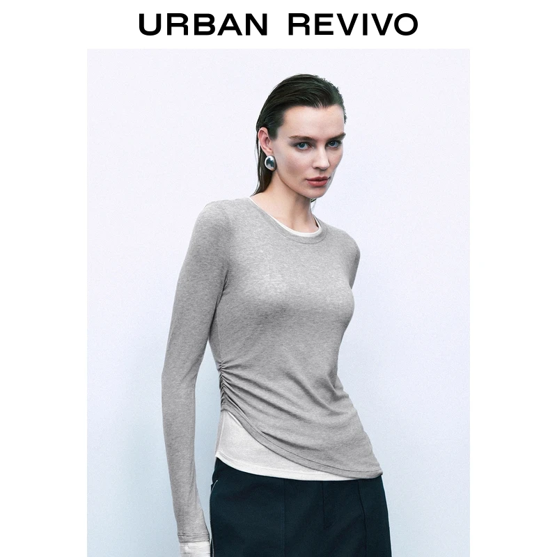 UR2025秋季新款女装休闲设计感撞色假两件长袖T恤UWJ450107+